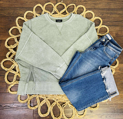 Women’s Acid Washed Drop Shoulder Olive Top