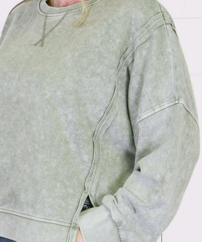 Women’s Acid Washed Drop Shoulder Olive Top