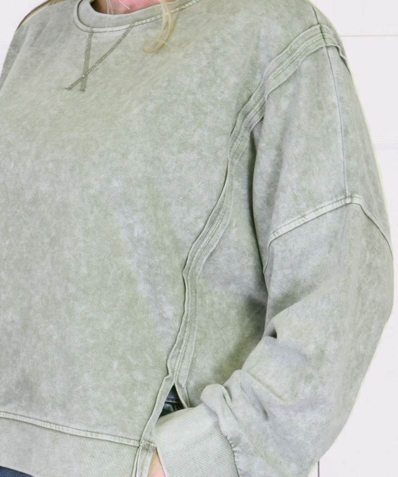 Women’s Acid Washed Drop Shoulder Olive Top