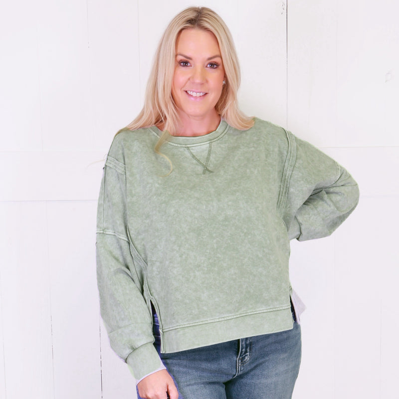 Women’s Acid Washed Drop Shoulder Olive Top