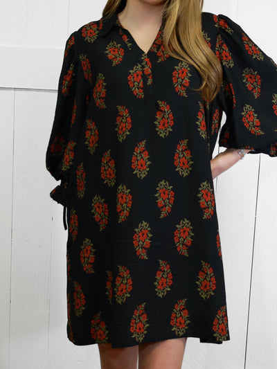 Women’s Black Floral Collared Dress