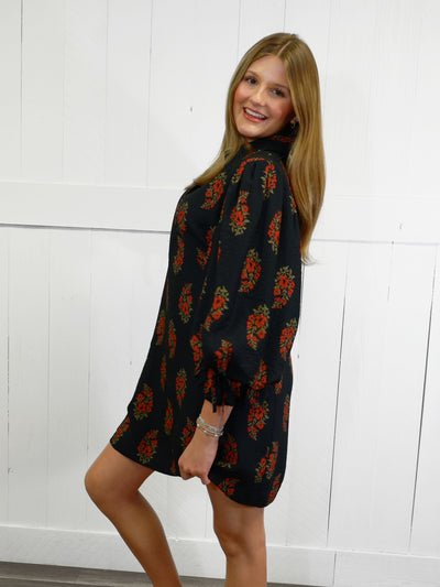 Women’s Black Floral Collared Dress
