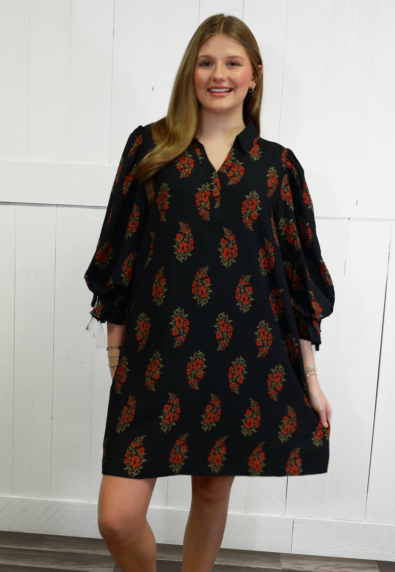 Women’s Black Floral Collared Dress