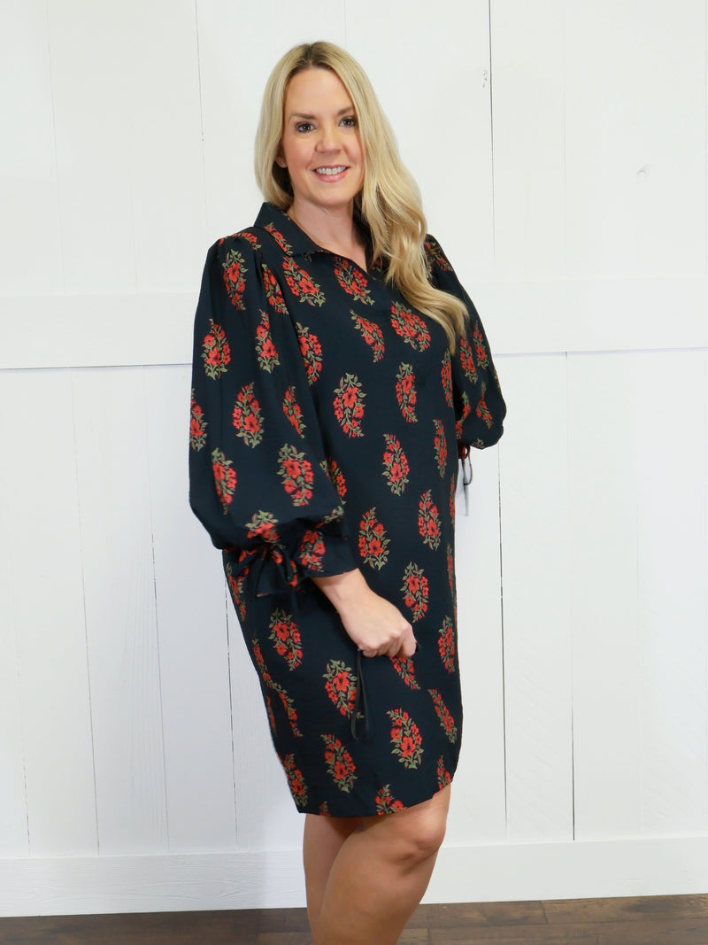 Women’s Black Floral Collared Dress