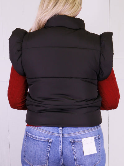 Women’s Black Flutter Sleeve Bow Detail Puffer Vest - Sweater Top