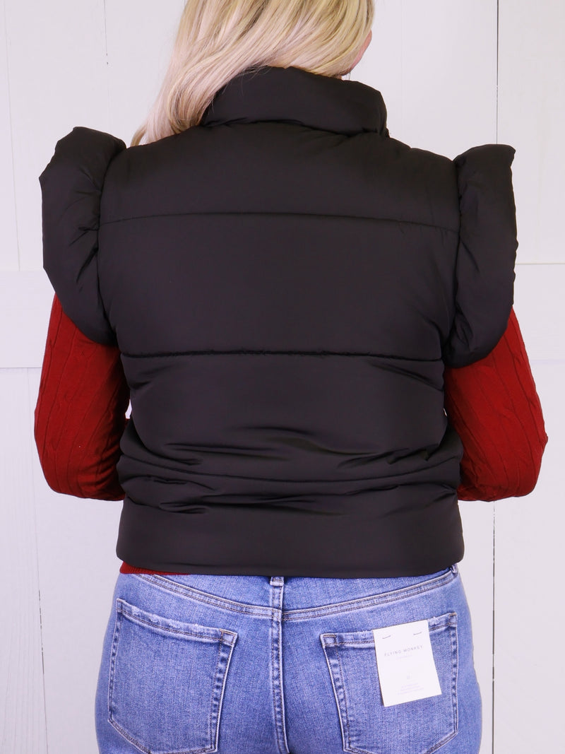 Women’s Black Flutter Sleeve Bow Detail Puffer Vest - Sweater Top