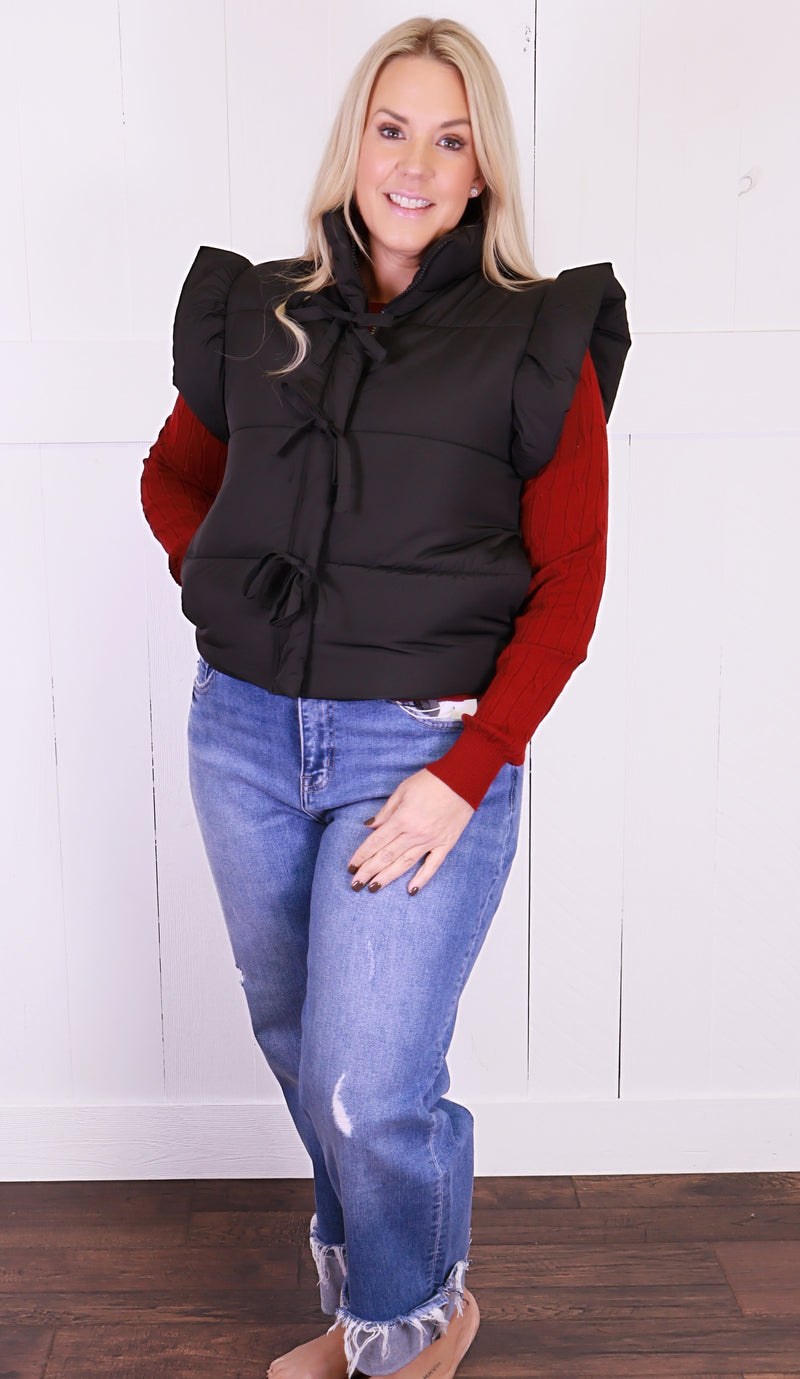 Women’s Black Flutter Sleeve Bow Detail Puffer Vest - Sweater Top