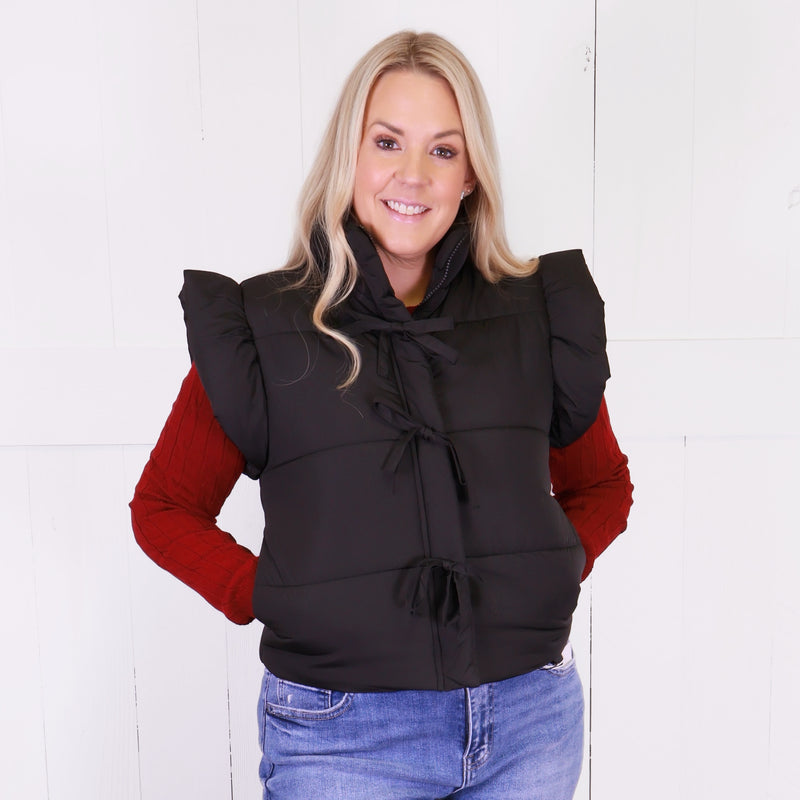 Women’s Black Flutter Sleeve Bow Detail Puffer Vest - Sweater Top