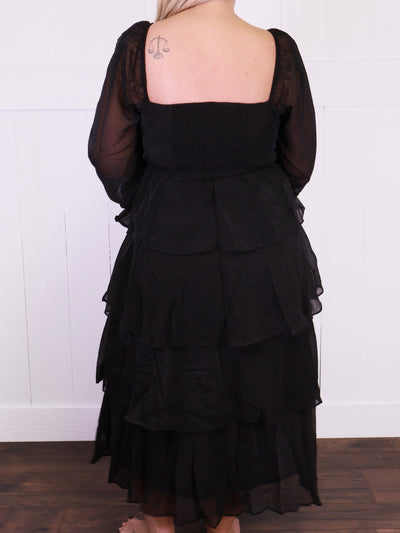 Women’s Black Ruffle Tiered Midi Dress