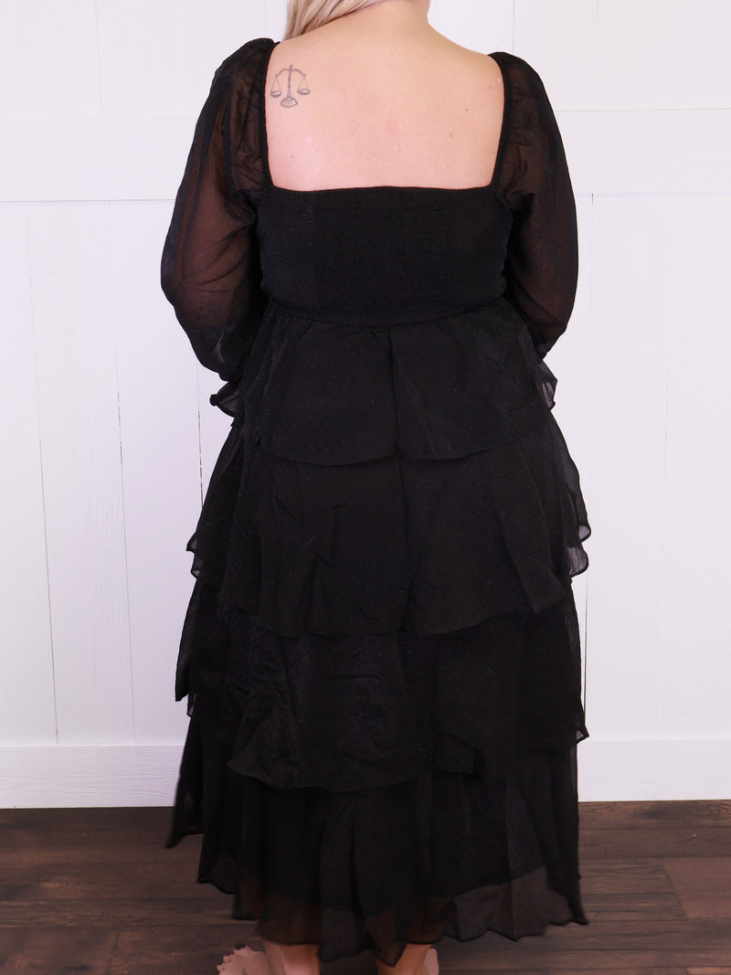 Women’s Black Ruffle Tiered Midi Dress