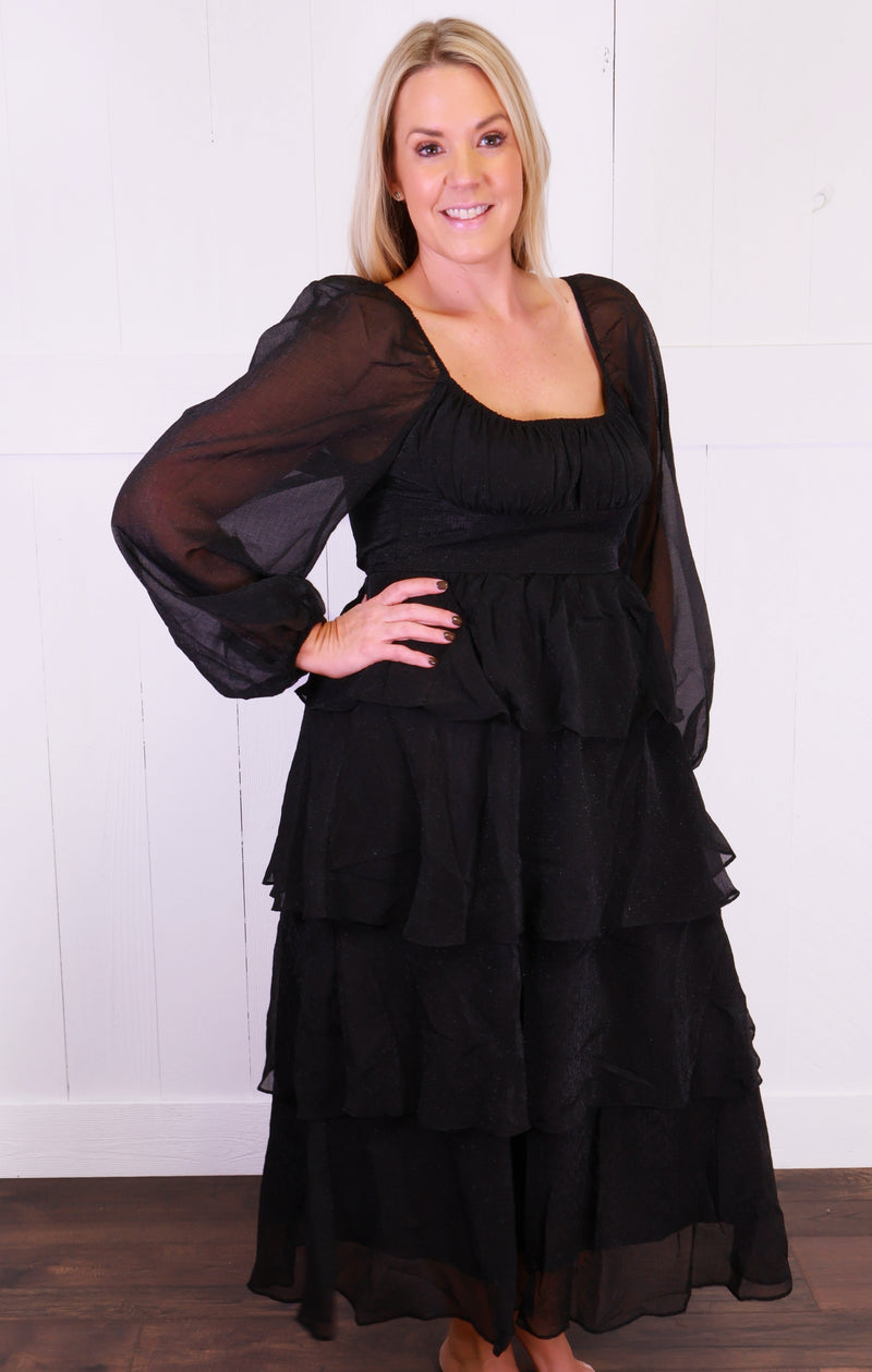 Women’s Black Ruffle Tiered Midi Dress