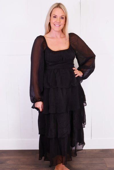 Women’s Black Ruffle Tiered Midi Dress
