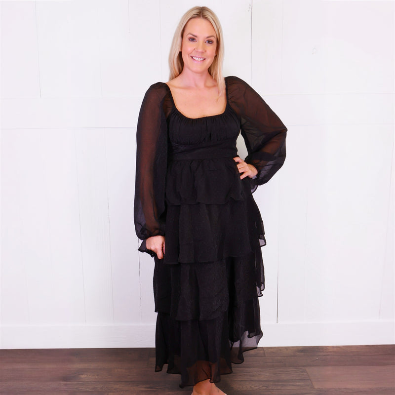 Women’s Black Ruffle Tiered Midi Dress