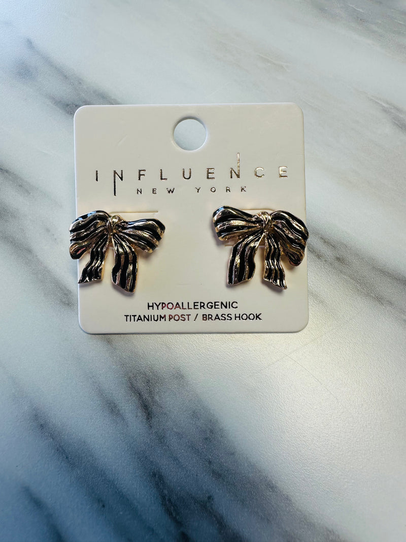 Women’s Black and Gold Striped Bow Earrings