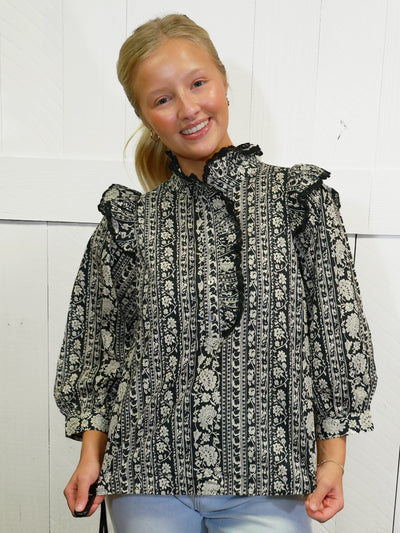 Women’s Black and White Floral Print Top