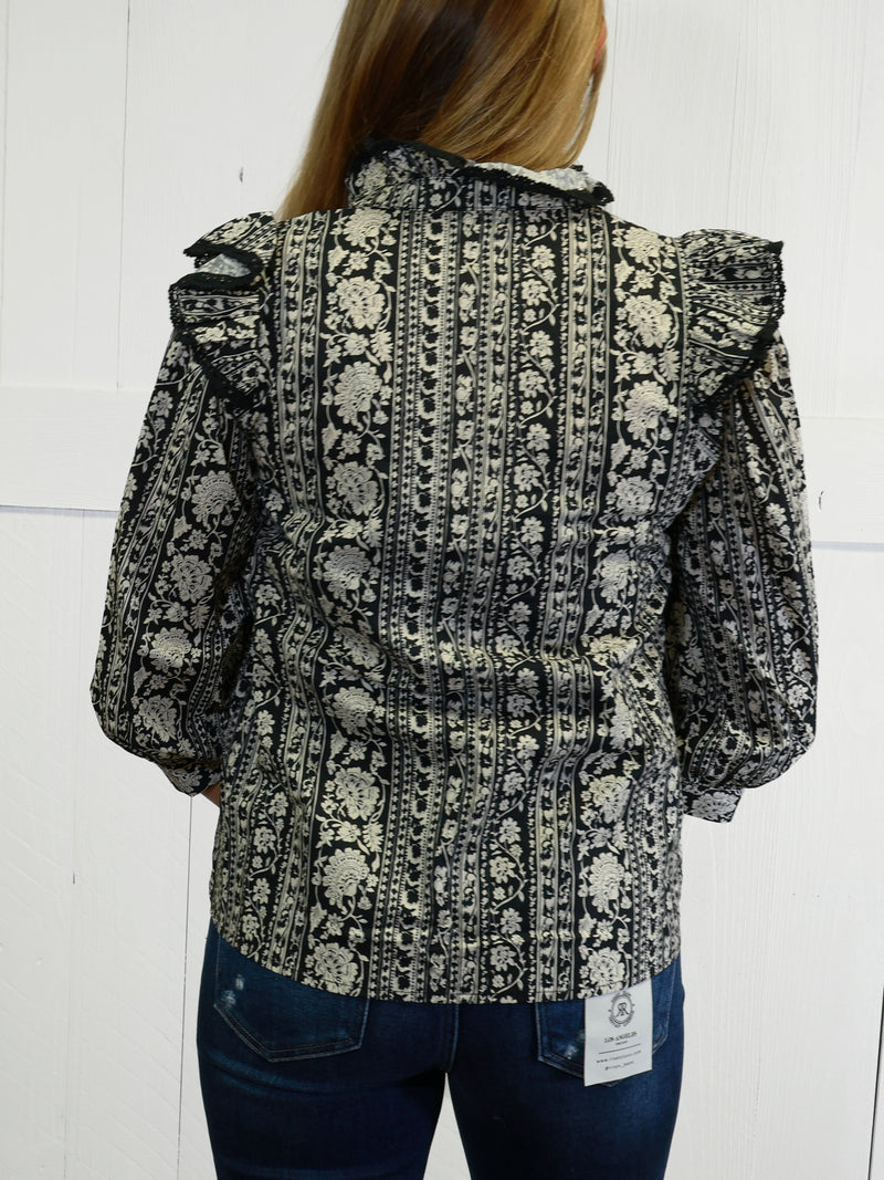 Women’s Black and White Floral Print Top