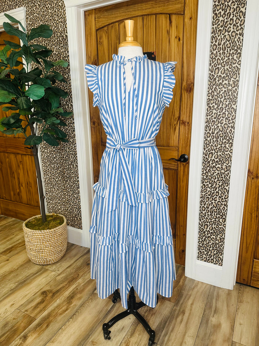 Women’s Blue Stripe Midi Dress with Flutter Sleeves