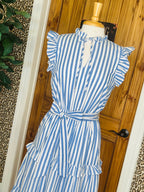 Women’s Blue Stripe Midi Dress with Flutter Sleeves