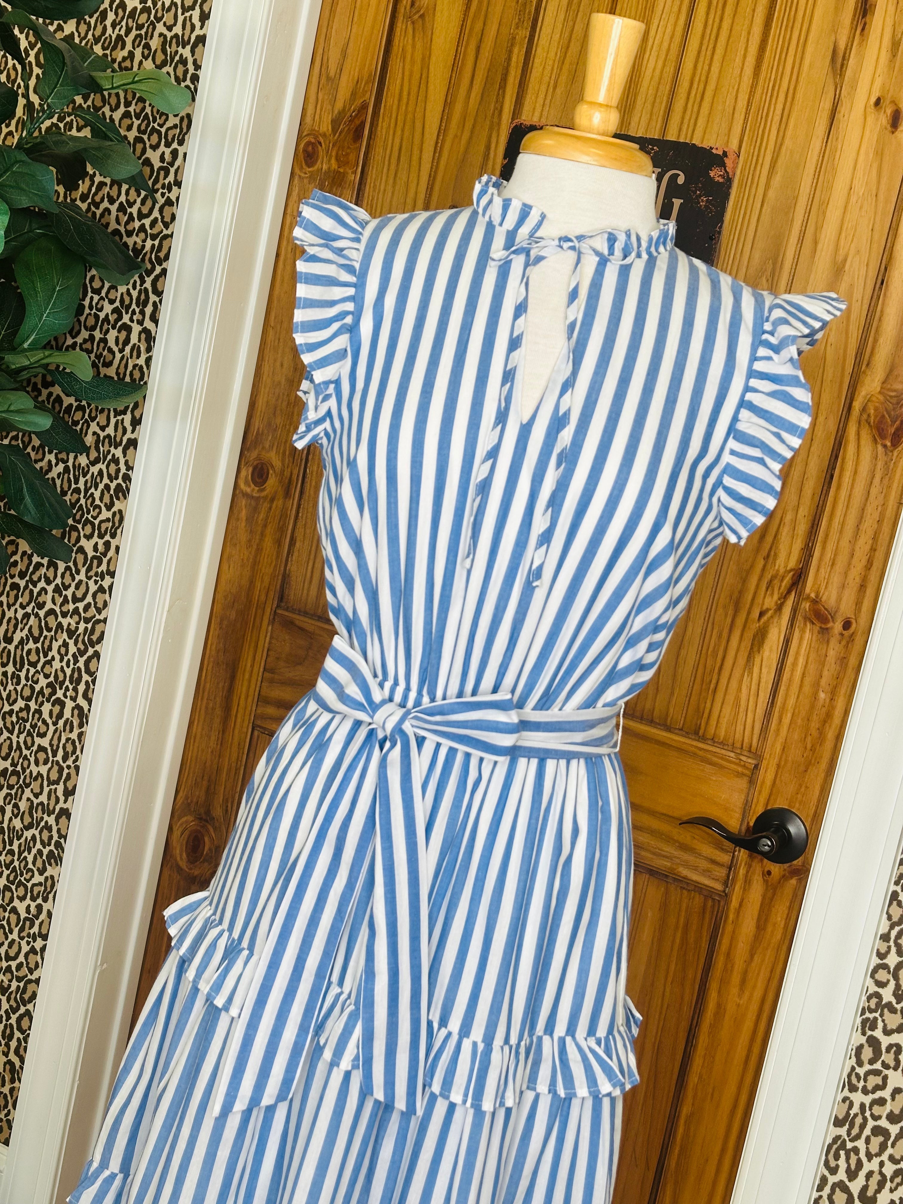Women’s Blue Stripe Midi Dress with Flutter Sleeves