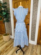 Women’s Blue Stripe Midi Dress with Flutter Sleeves