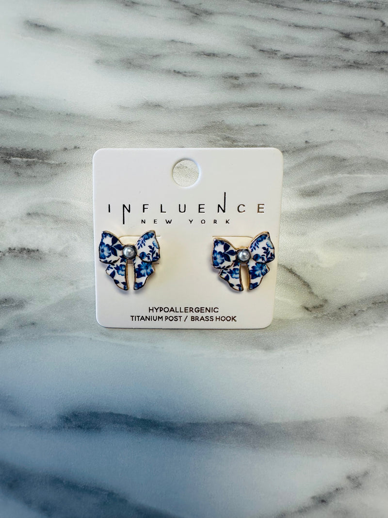 Women’s Blue and White Floral Bow Earrings