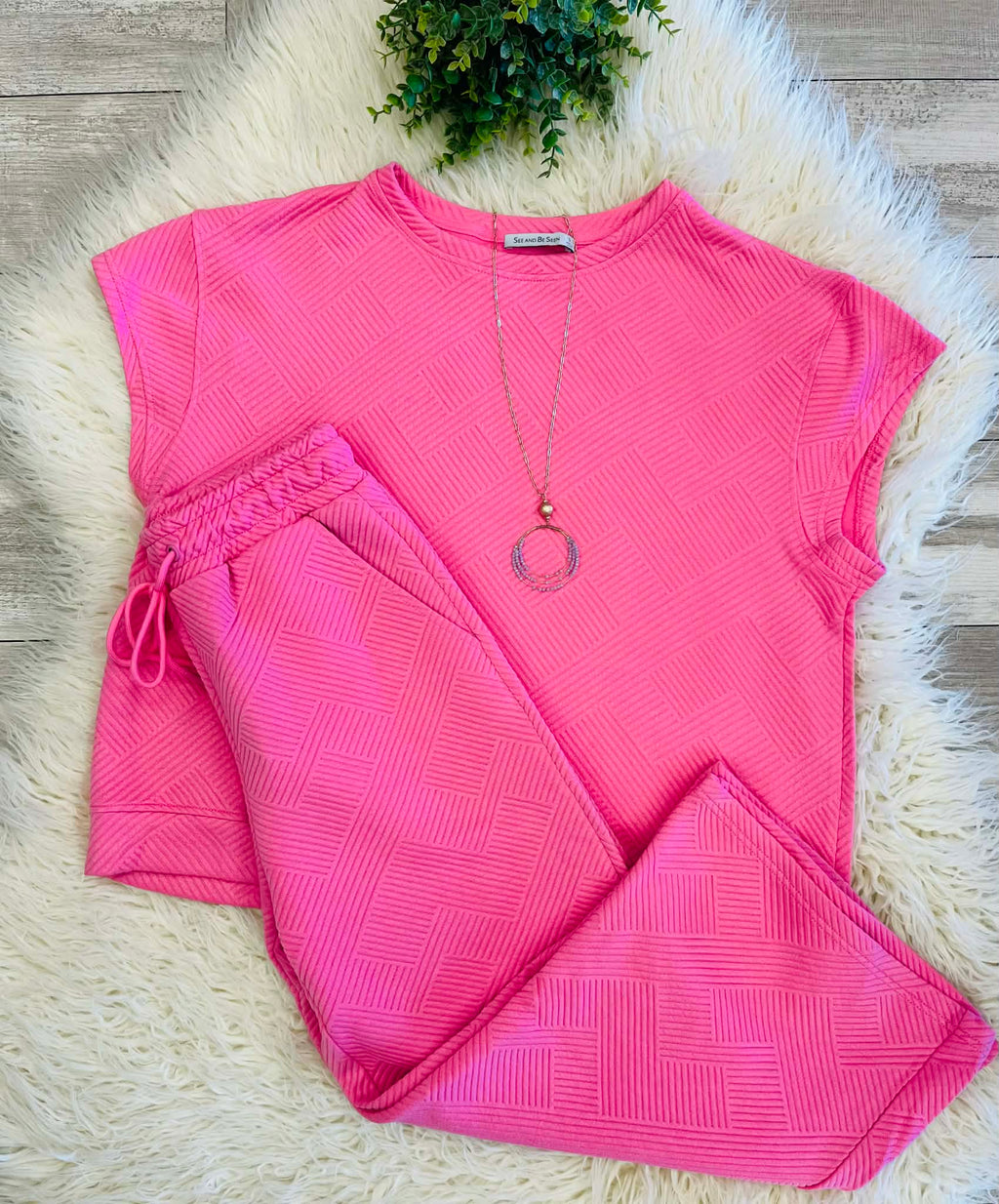 Women’s Bubble Gum Pink Textured Pant Set