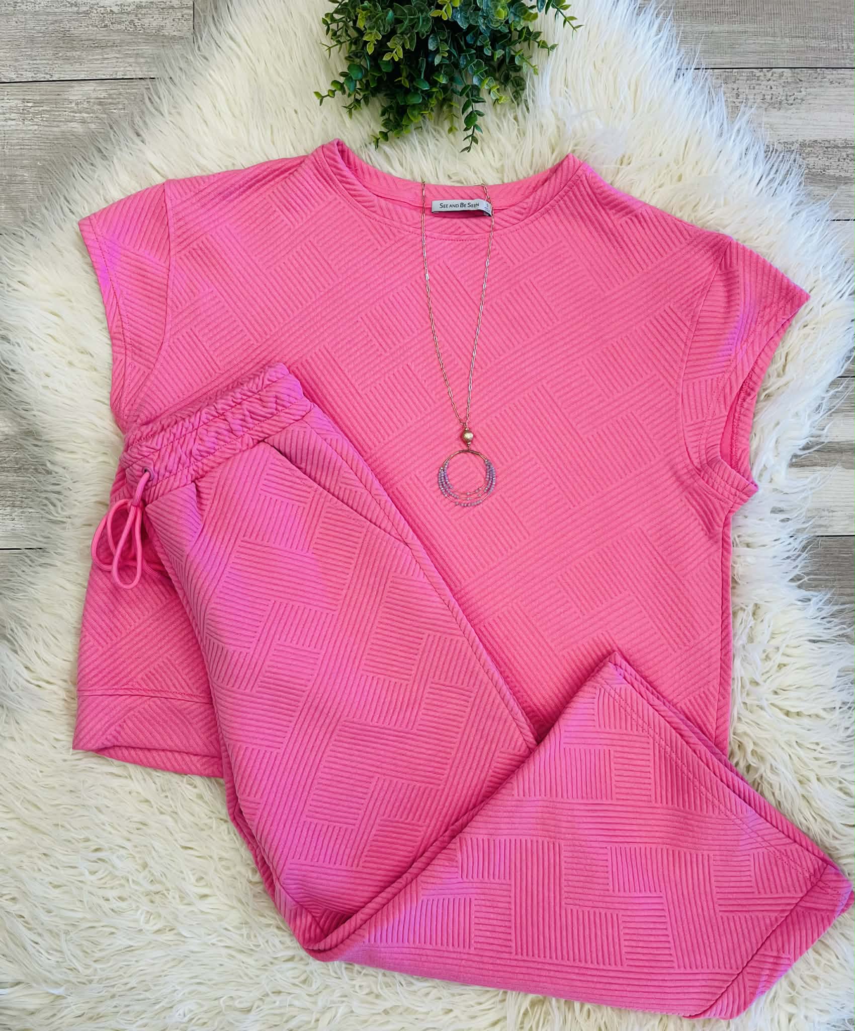 Women’s Bubble Gum Pink Textured Pant Set