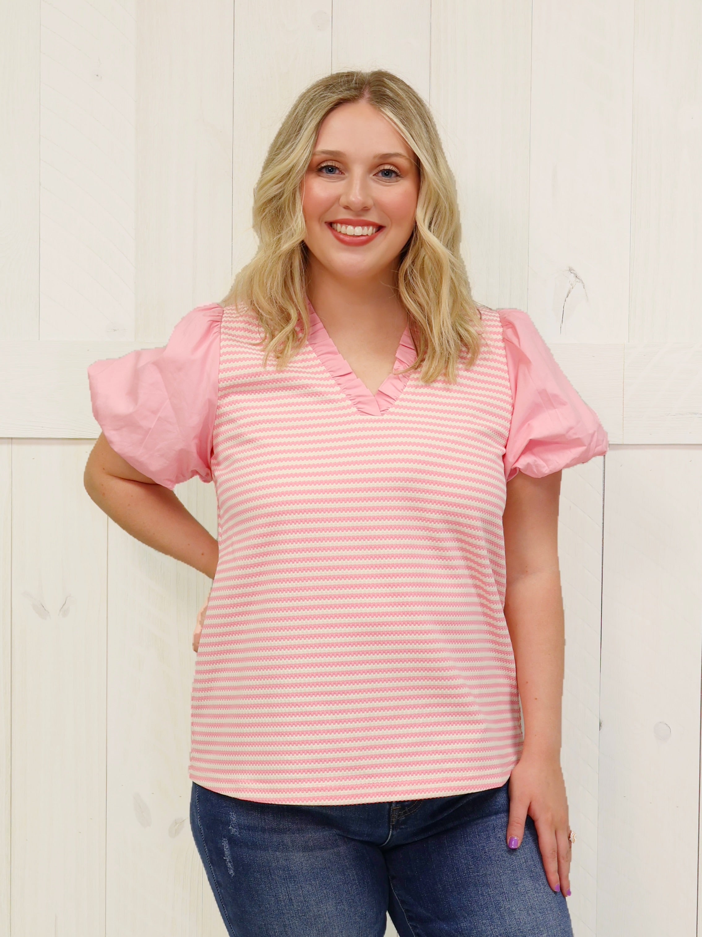 Women's Candy Pink Strip Puff Sleeve Top