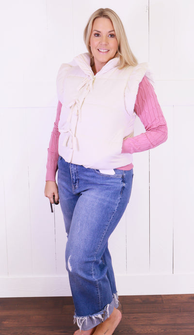 Women’s Ceam Flutter Sleeve Bow Detail Puffer Vest - Sweater Top