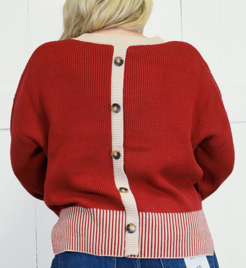 Women’s Contrast Hem button back Sweater Pullover Top