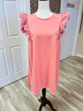 Women’s Coral Stripe Ruffle Sleeve Dress