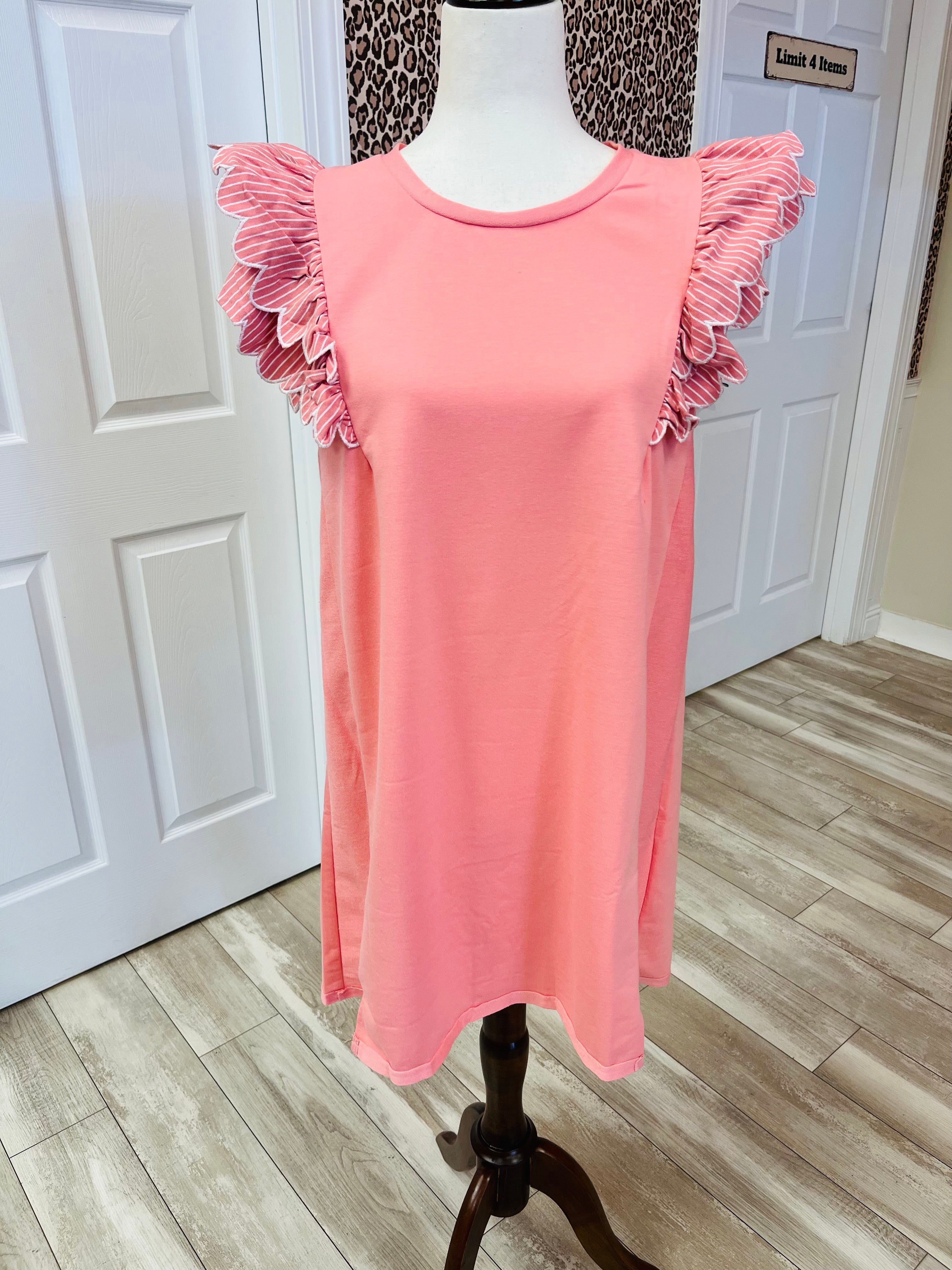 Women’s Coral Stripe Ruffle Sleeve Dress