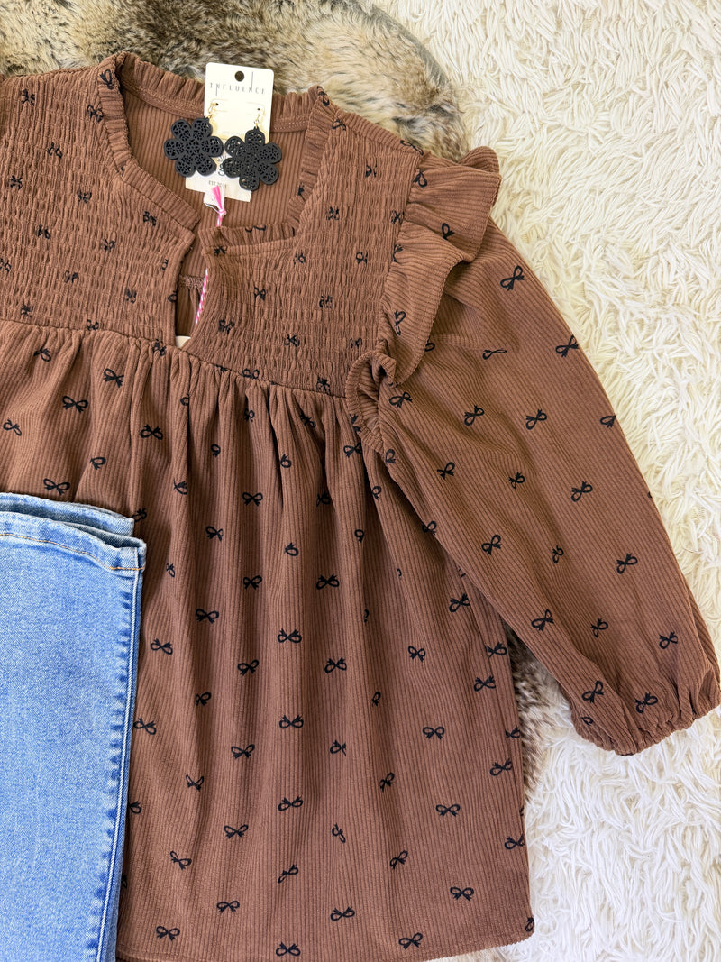 Women’s Corduroy Brown Bow Top