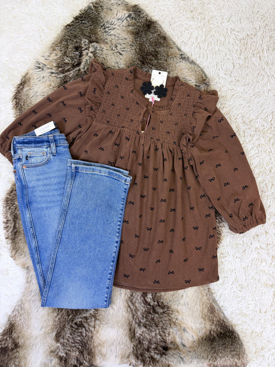 Women’s Corduroy Brown Bow Top