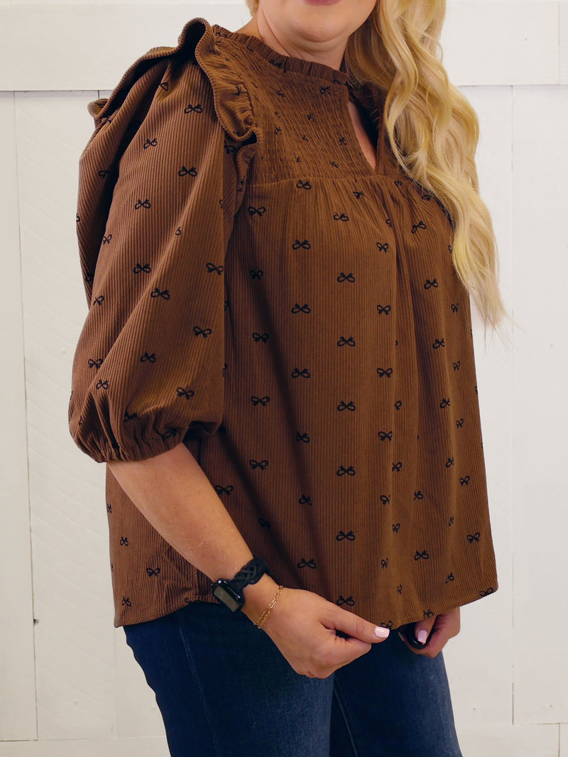 Women’s Corduroy Brown Bow Top