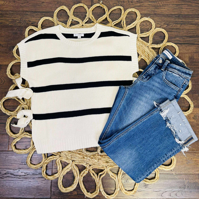 Women’s Cream and Black Bow Side Tie Sweater Top