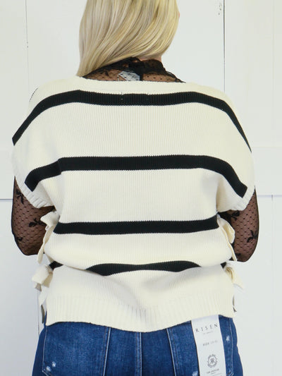 Women’s Cream and Black Bow Side Tie Sweater Top