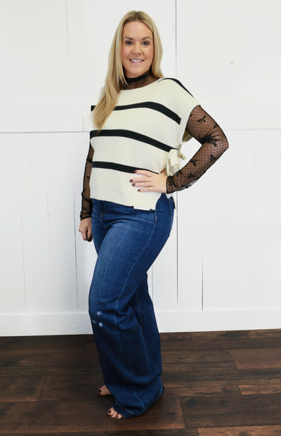 Women’s Cream and Black Bow Side Tie Sweater Top