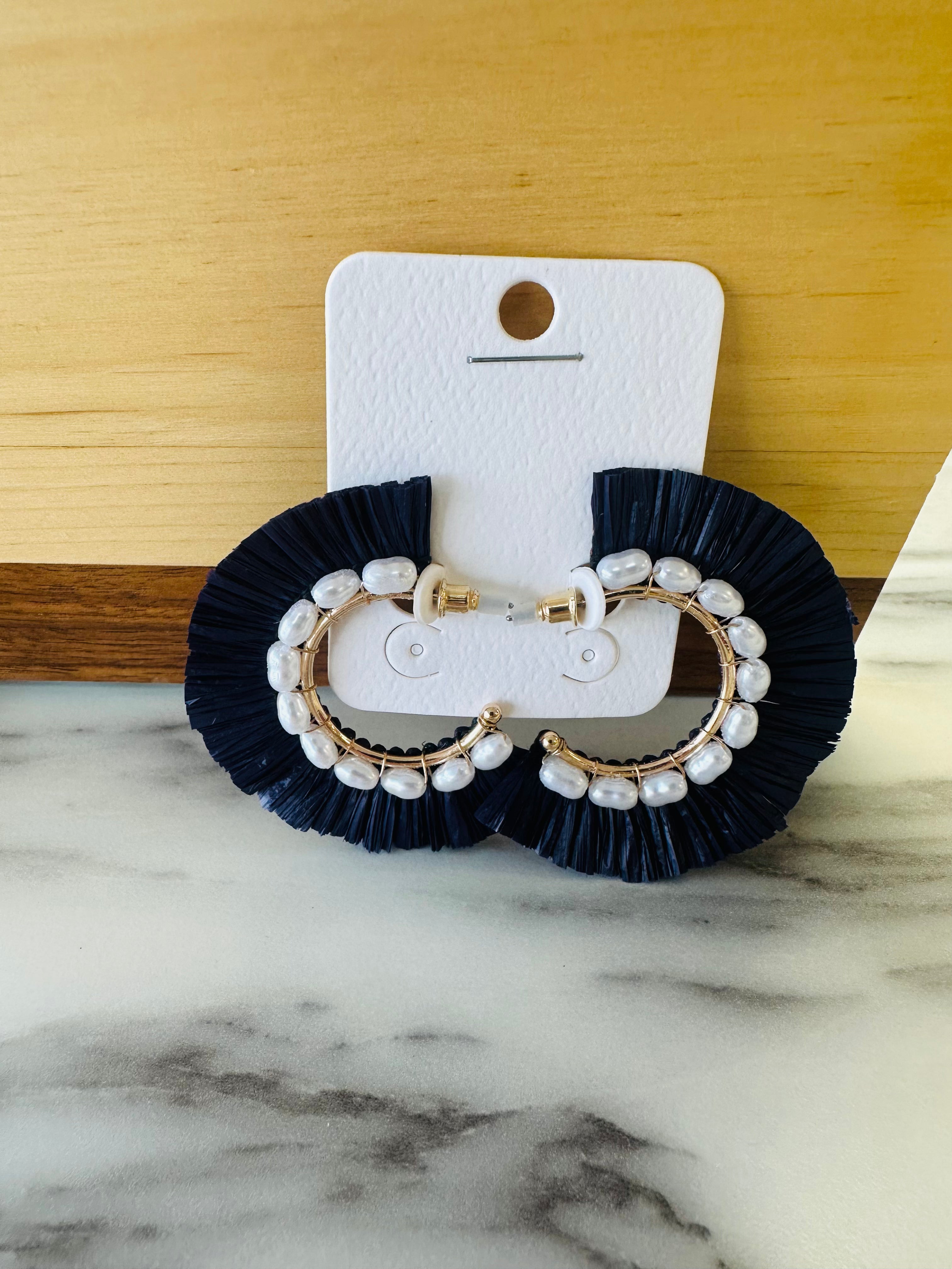 Women’s Dark Blue Pearl Hoops Earrings