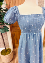 Women’s Denim Floral and Bow Embroidered Puff Sleeve Smocked Dress