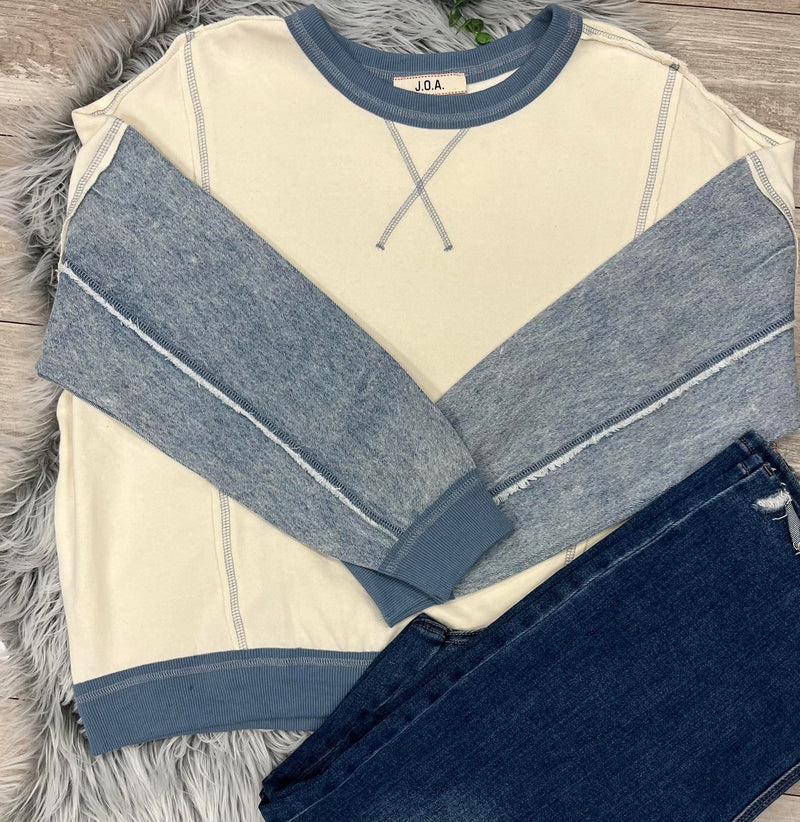 Women’s Denim Sleeve Mixed Media Sweater Top