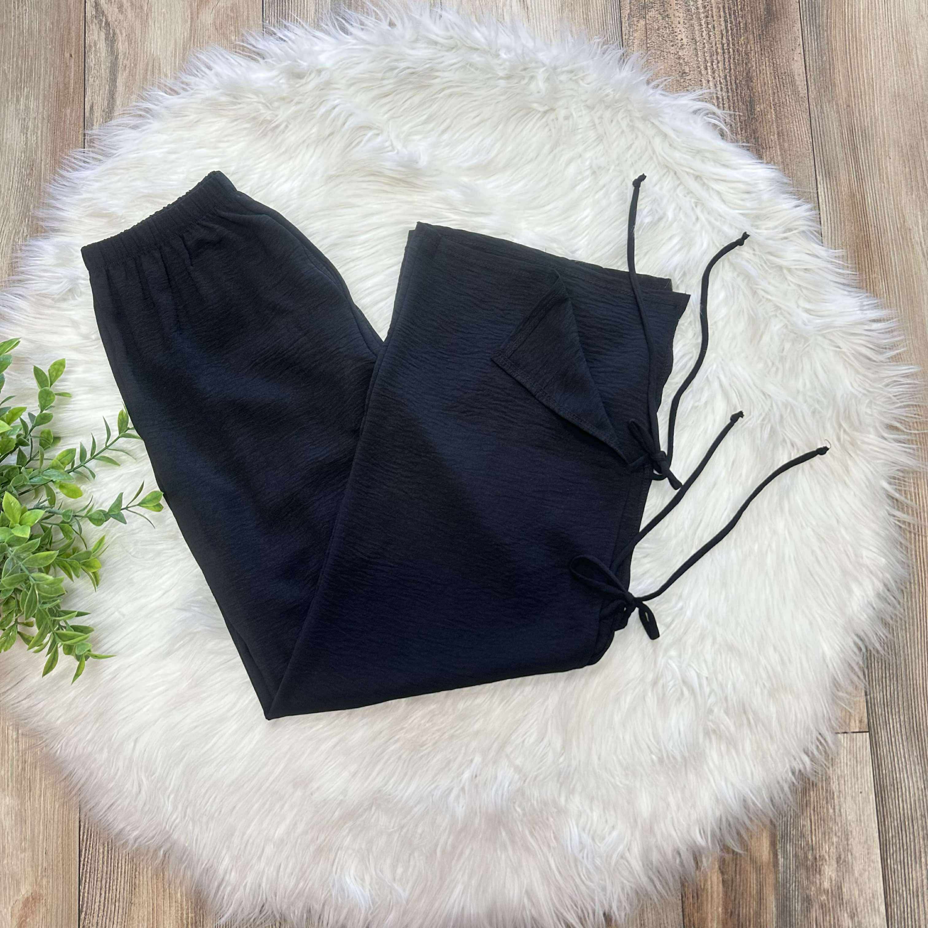 Women’s Drawstring Elastic Waist Wide Leg Pants with Side Tie Details