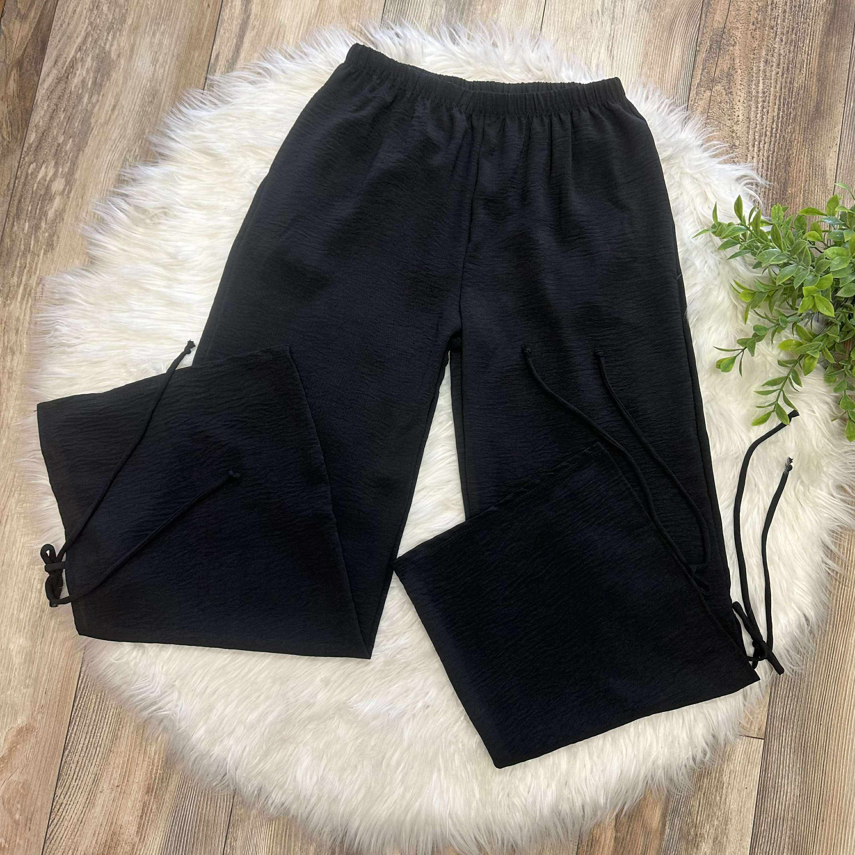 Women’s Drawstring Elastic Waist Wide Leg Pants with Side Tie Details