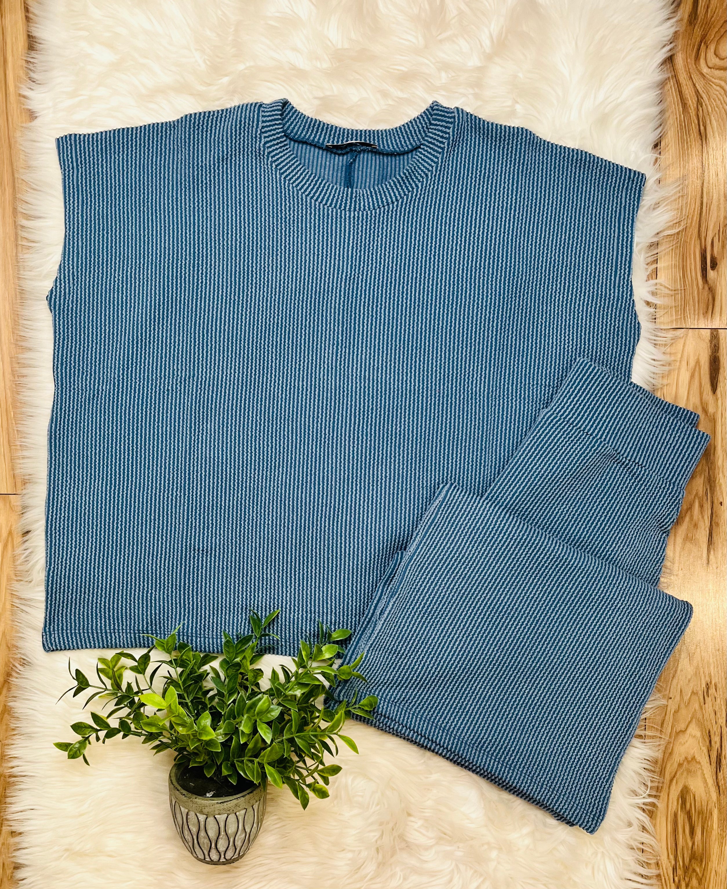 Women’s Dusty Blue Ribbed Sleeveless Pant Set