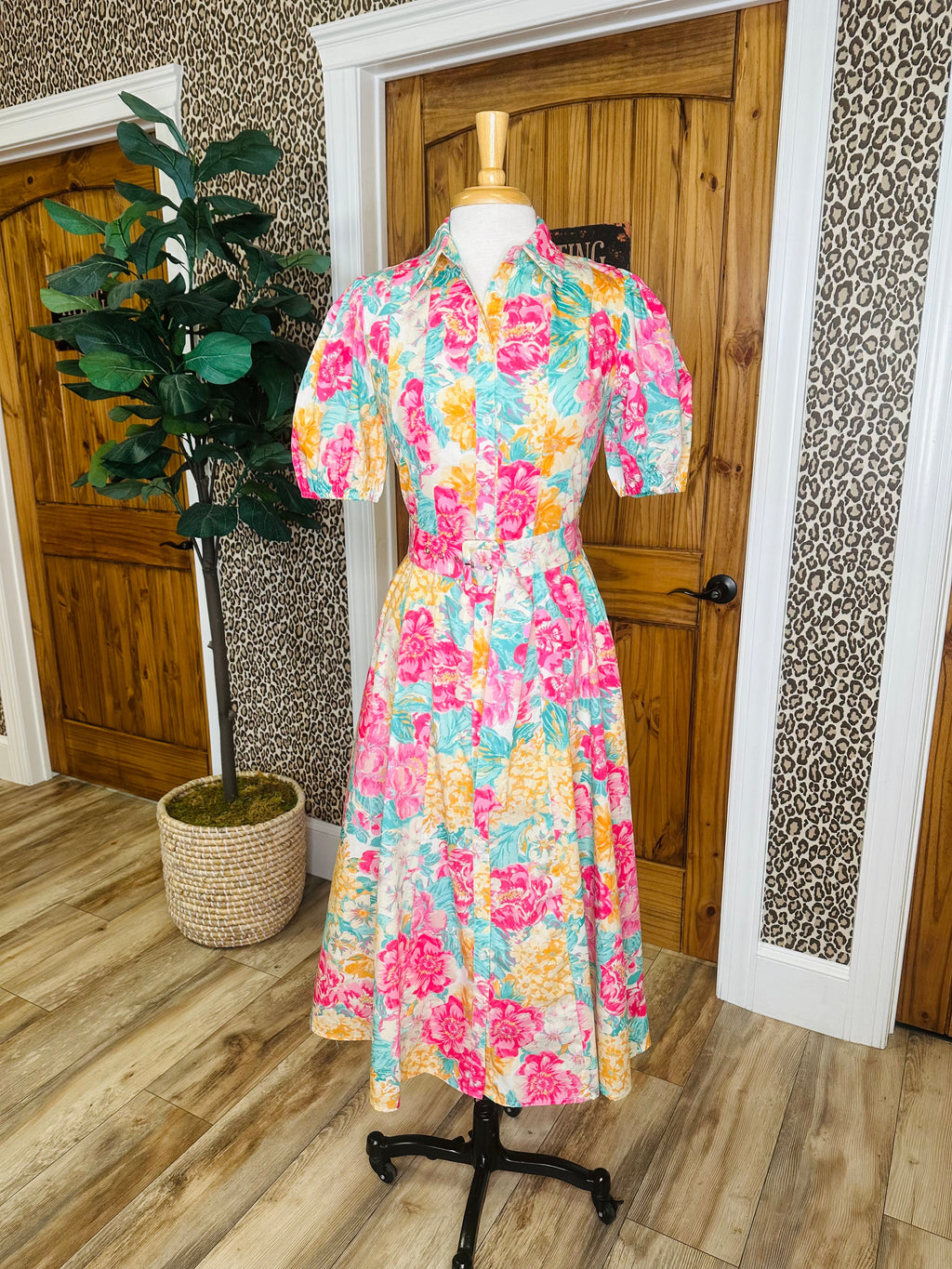 Women’s Fuchsia and Teal Floral Print Midi Dress