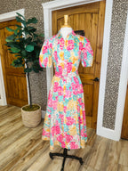 Women’s Fuchsia and Teal Floral Print Midi Dress