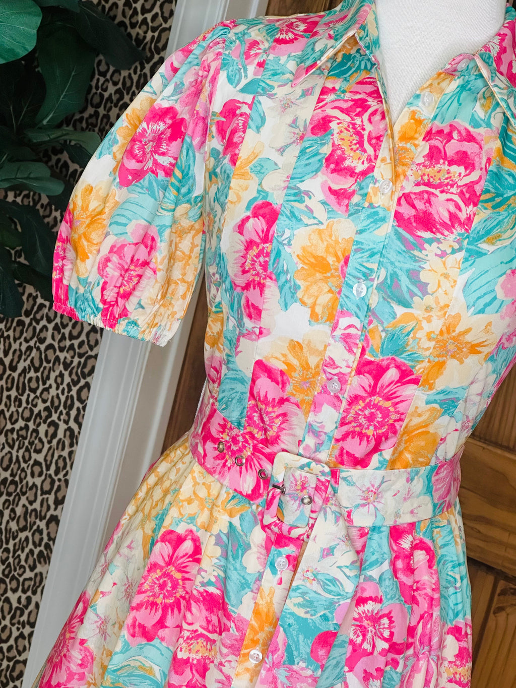 Women’s Fuchsia and Teal Floral Print Midi Dress