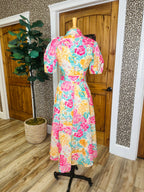 Women’s Fuchsia and Teal Floral Print Midi Dress