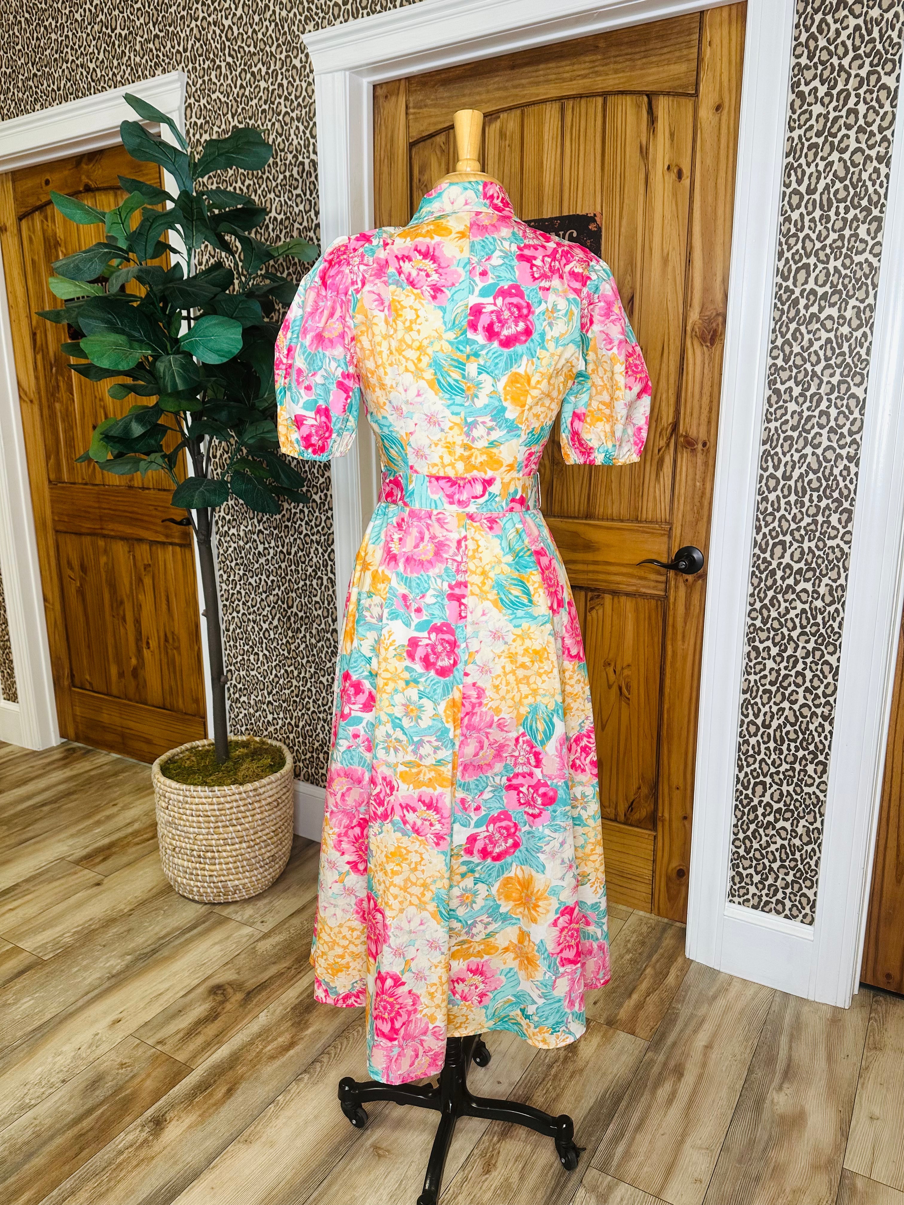 Women’s Fuchsia and Teal Floral Print Midi Dress