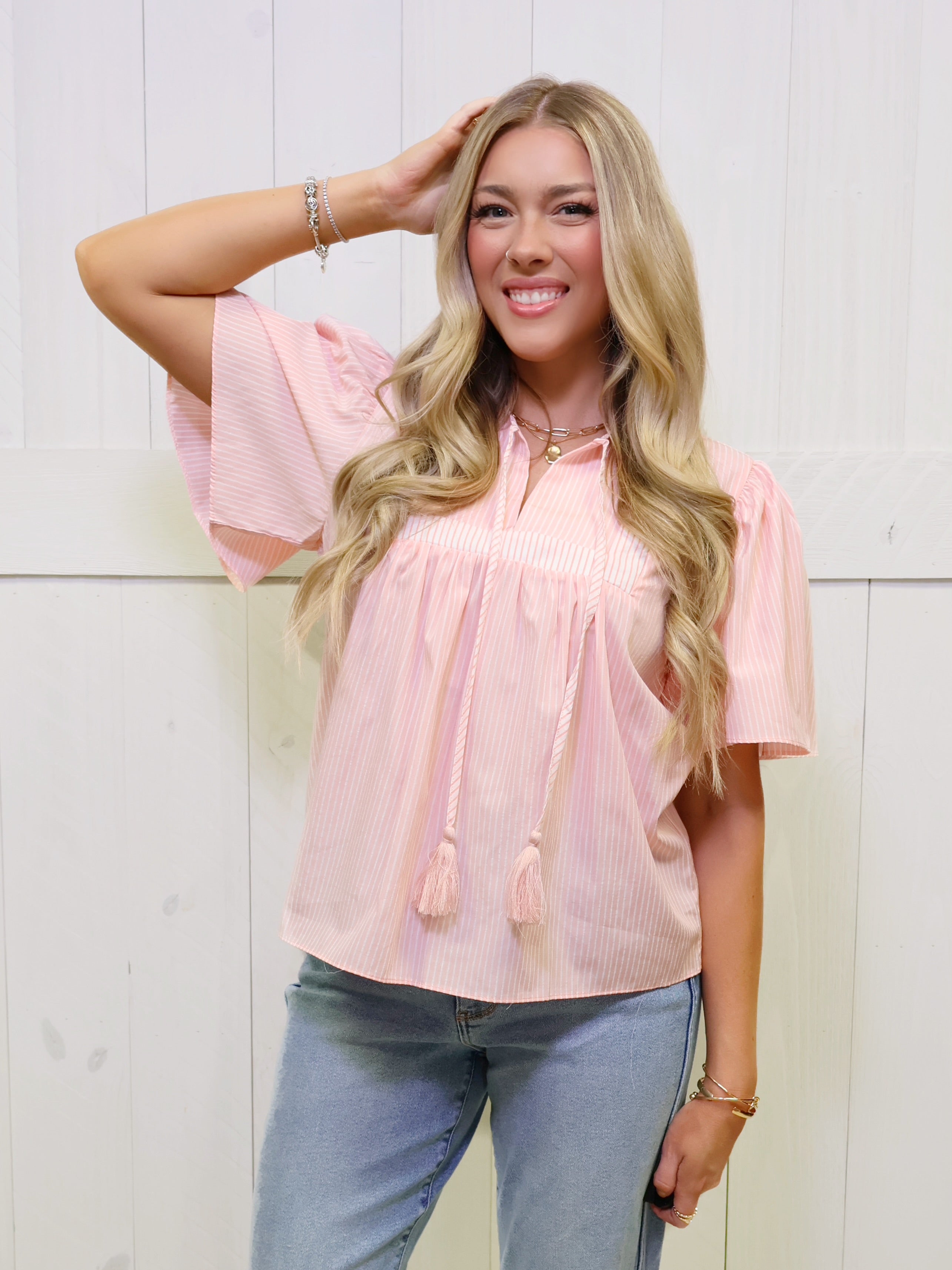 Women’s GIGIO Peach Mixed Stripe Short Sleeve Top
